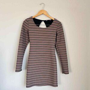 Striped Brown Long Sleeve Mini Bodycon Dress Size Medium Open Back